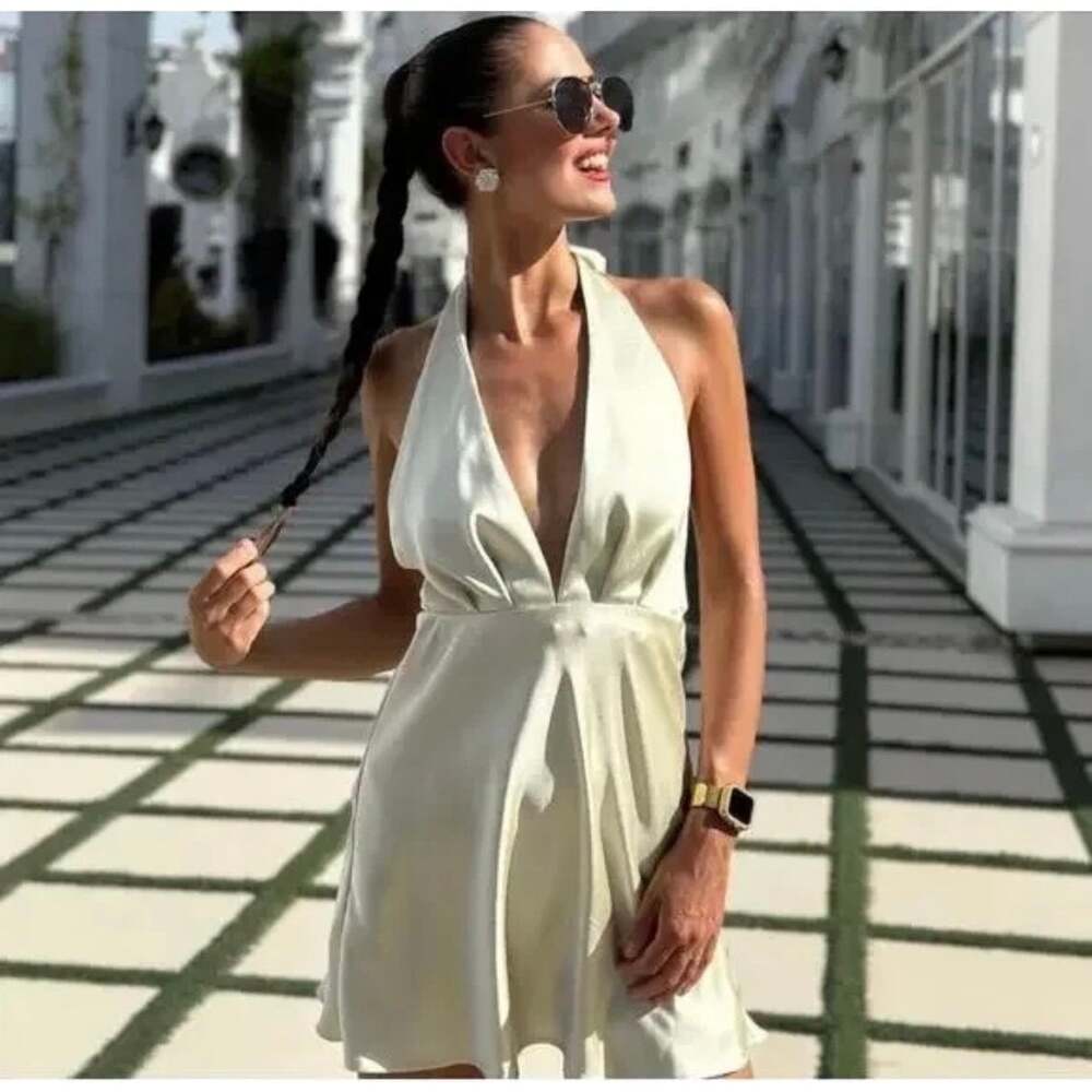 NWT Zara Satin Effect Halter Mini Dress Mint Green Size M Open Back Plunge